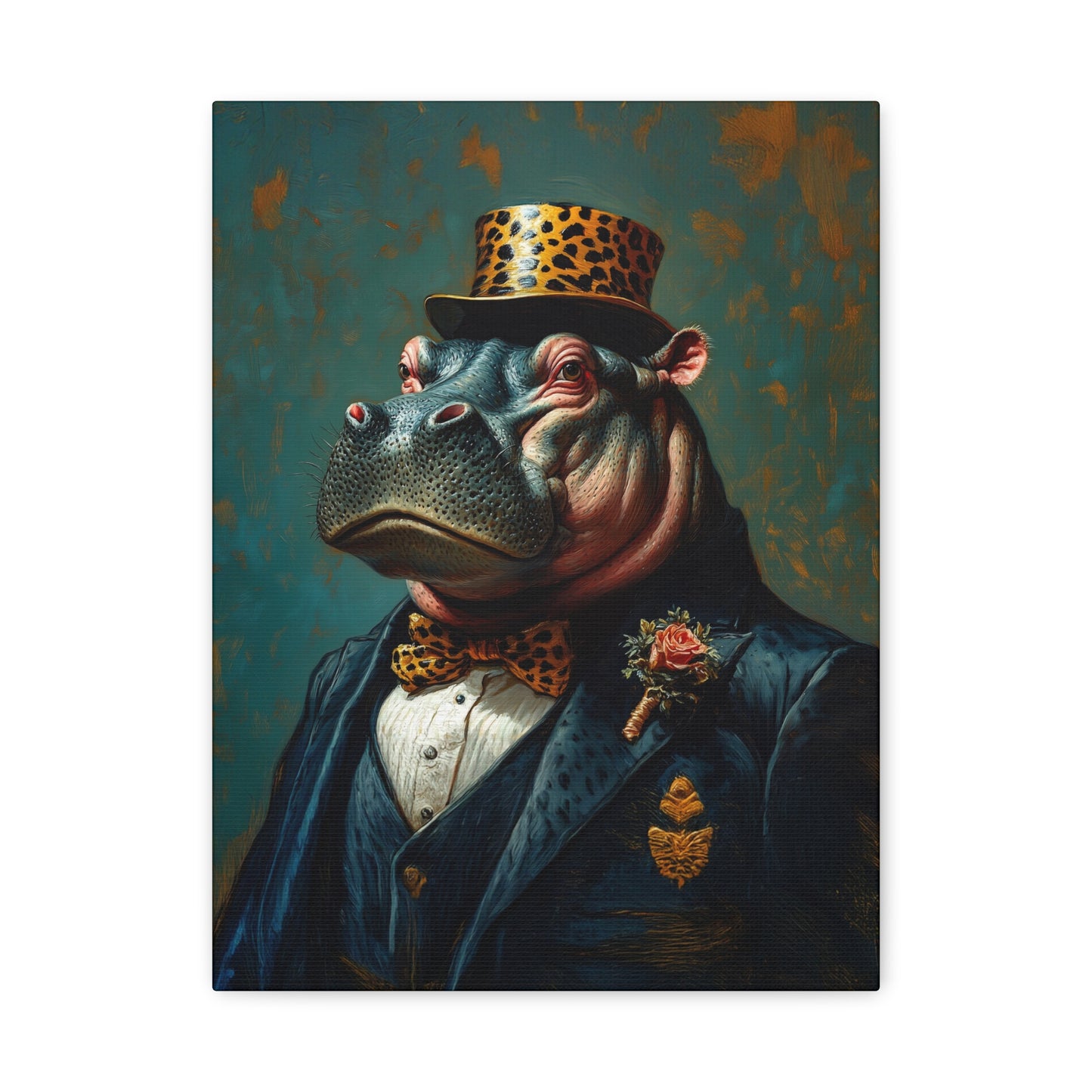 Dapper Hippo Canvas Art Print | Giclée Portrait of Hippo in Bow Tie & Top Hat | Whimsical Decor