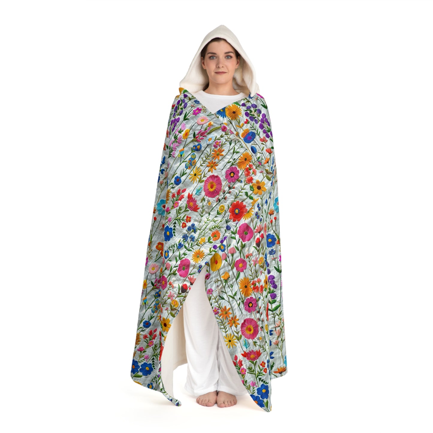 Cable Knit Hooded Sherpa Blanket | Faux Embroidery Flowers