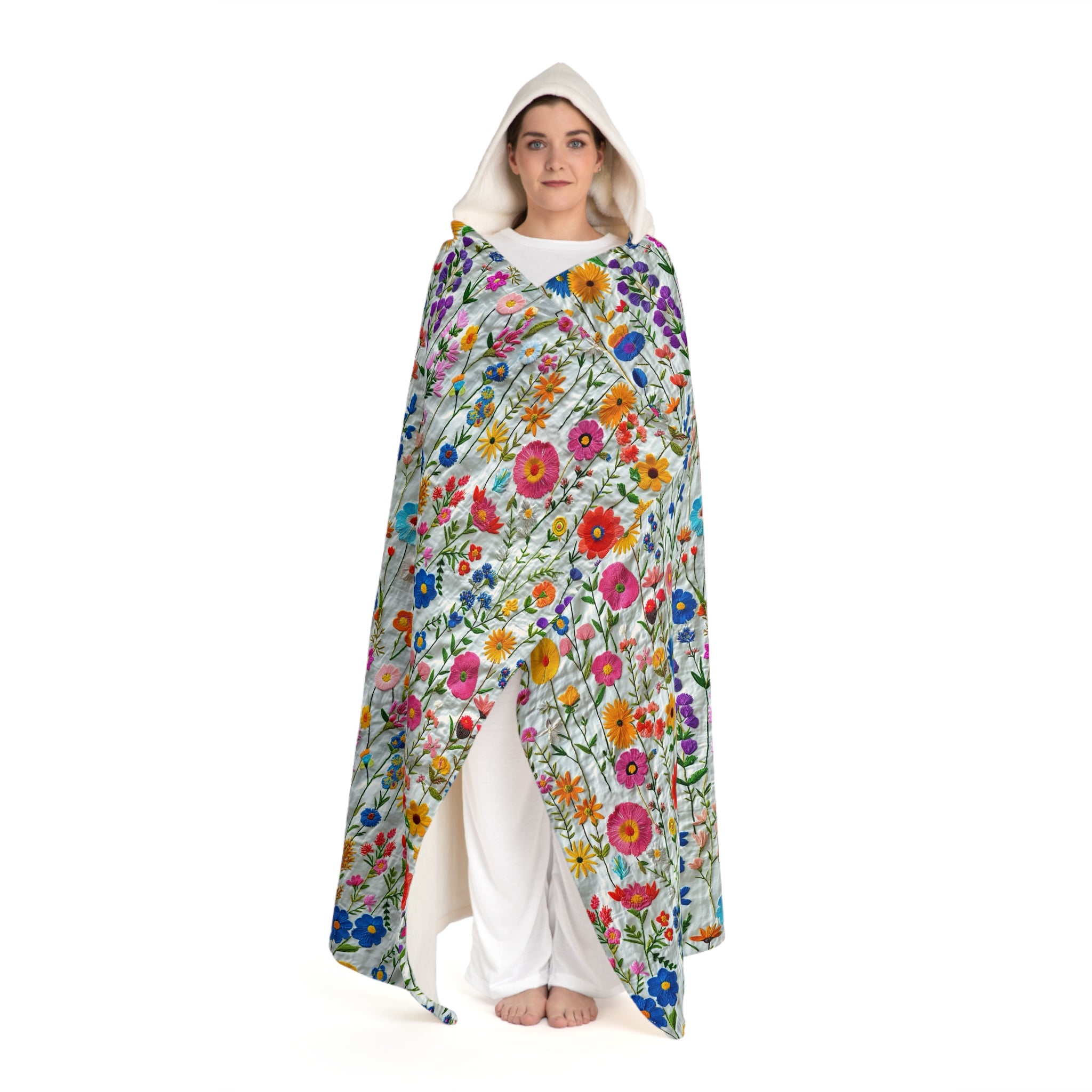 Cable Knit Hooded Sherpa Blanket | Faux Embroidery Flowers