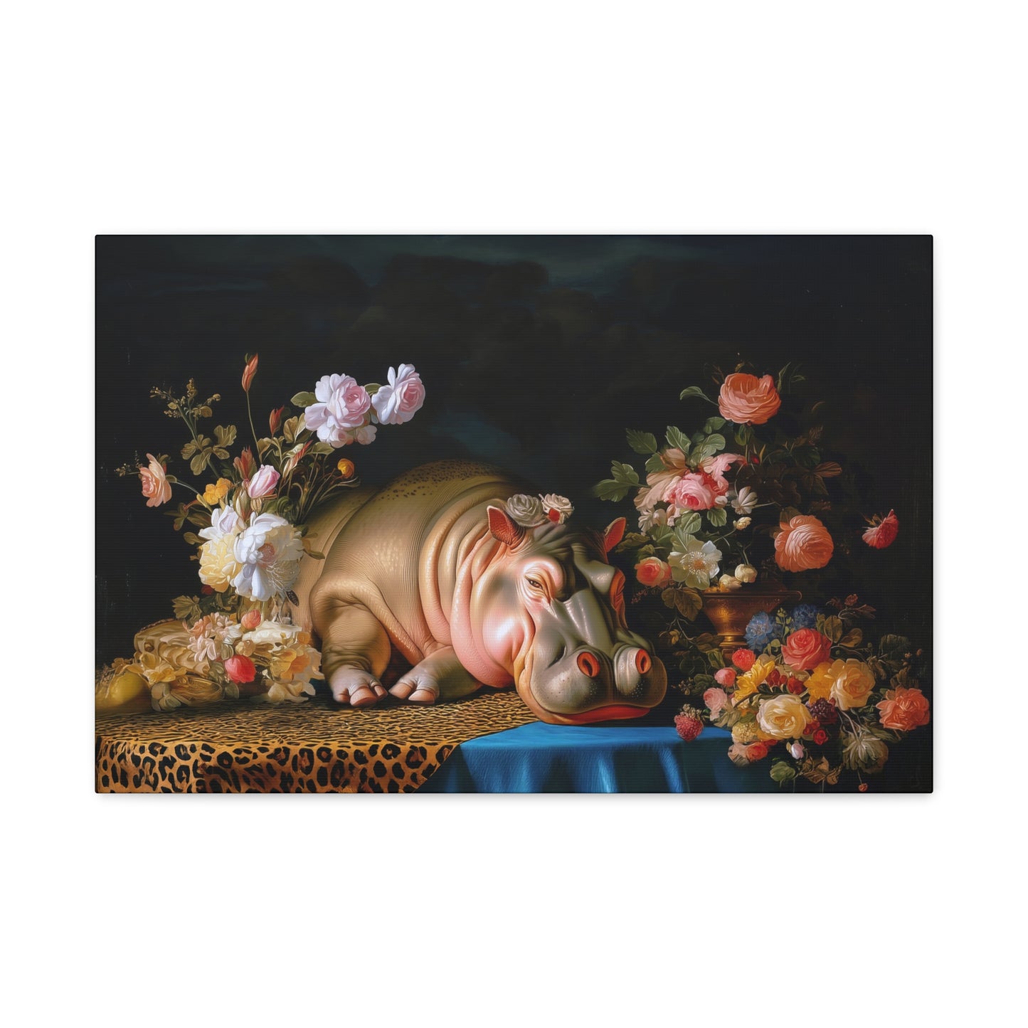Whimsical Hippo Canvas Art, Tranquil Home Decor Fine Art Print, Animal Wall Art, Unique Gift, Floral Decor, Cheetah Print