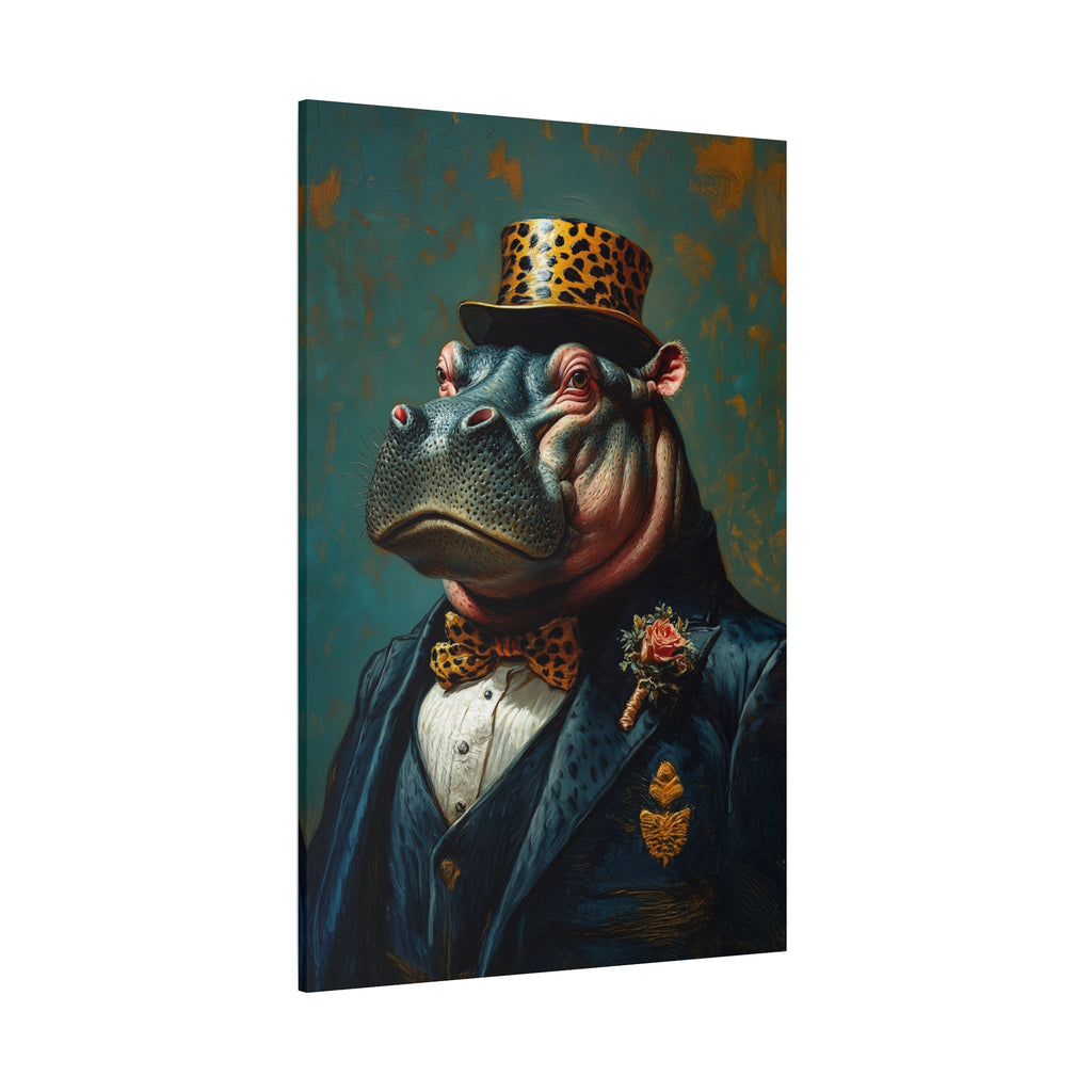 Dapper Hippo Canvas Art: Whimsical Animal Portrait in Bow Tie