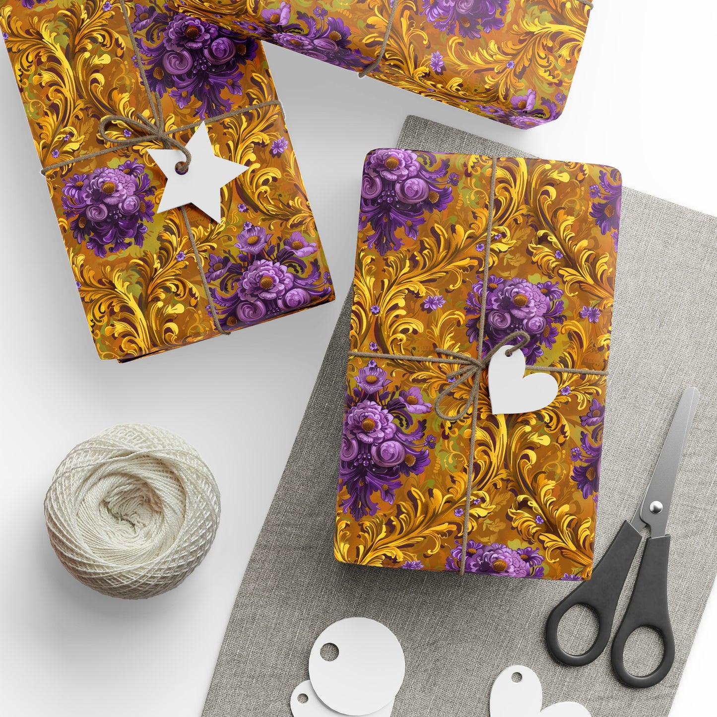 Purple & Gold Ornate Floral Wrapping Paper Rolls