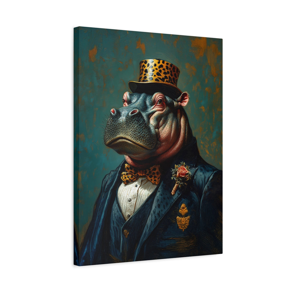 Dapper Hippo Canvas Art: Whimsical Animal Portrait in Bow Tie