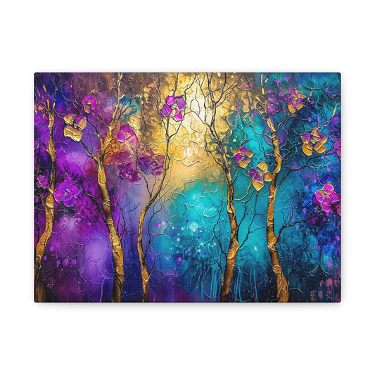 Enchanted Forest Canvas Art | Gold Gilded Trees with Purple, Blue & Green Hues from The Curated Goose