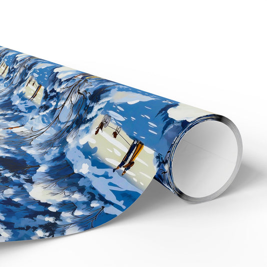 Victorian Winter Wonderland Wrapping Paper – Stunning Blue and Gold with Glowing Victorian Home