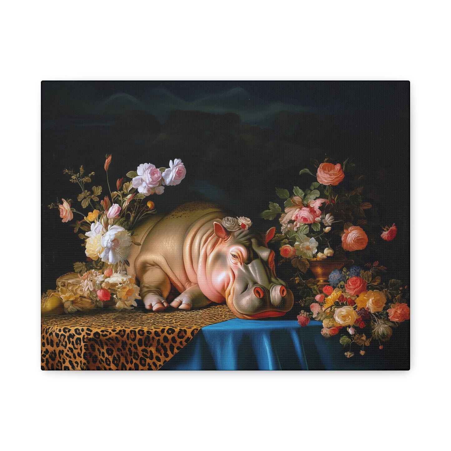 Whimsical Hippo Canvas Art, Tranquil Home Decor Fine Art Print, Animal Wall Art, Unique Gift, Floral Decor, Cheetah Print