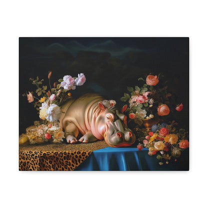Whimsical Hippo Canvas Art, Tranquil Home Decor Fine Art Print, Animal Wall Art, Unique Gift, Floral Decor, Cheetah Print