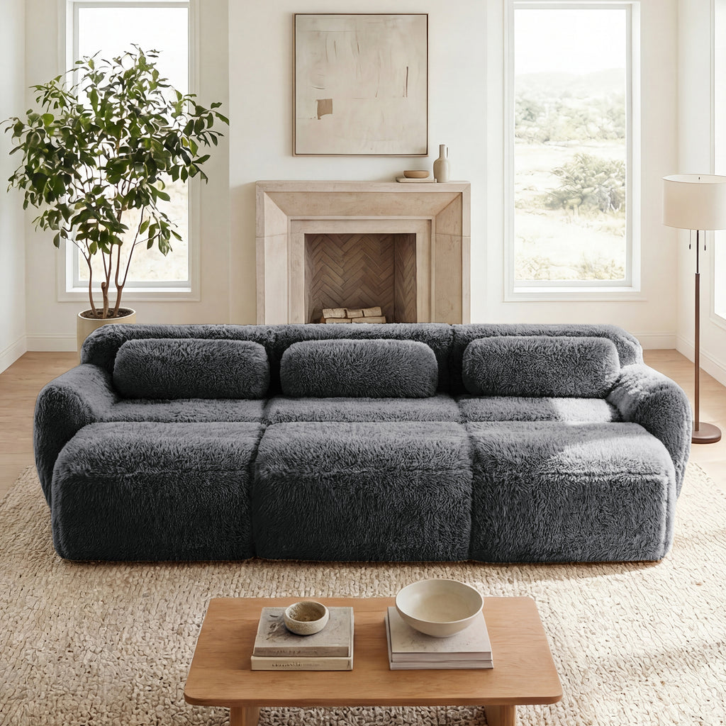 3-Seater Soft  Plush Fabric,32D High Density Spong,Movable Ottoman Free Combination,No Assembly Required Bottom Anti-Slip Design,Buckle Connection For Bedroom, Living Room, And Home Theater,Dark Grey