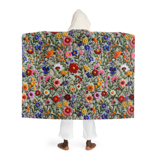 Hooded Sherpa Blanket | Faux Embroidery Flowers