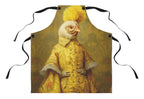 A chef's apron featuring an illustration of a chicken dressed in a vintage Victorian chef's outfit.