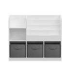 Kids Bookcase and Bookshelf with 3 Collapsible Fabric Drawers, Multifunctional Display Stand for Bedroom, Playroom, Hallway in White/Gray, MDF and Fabric