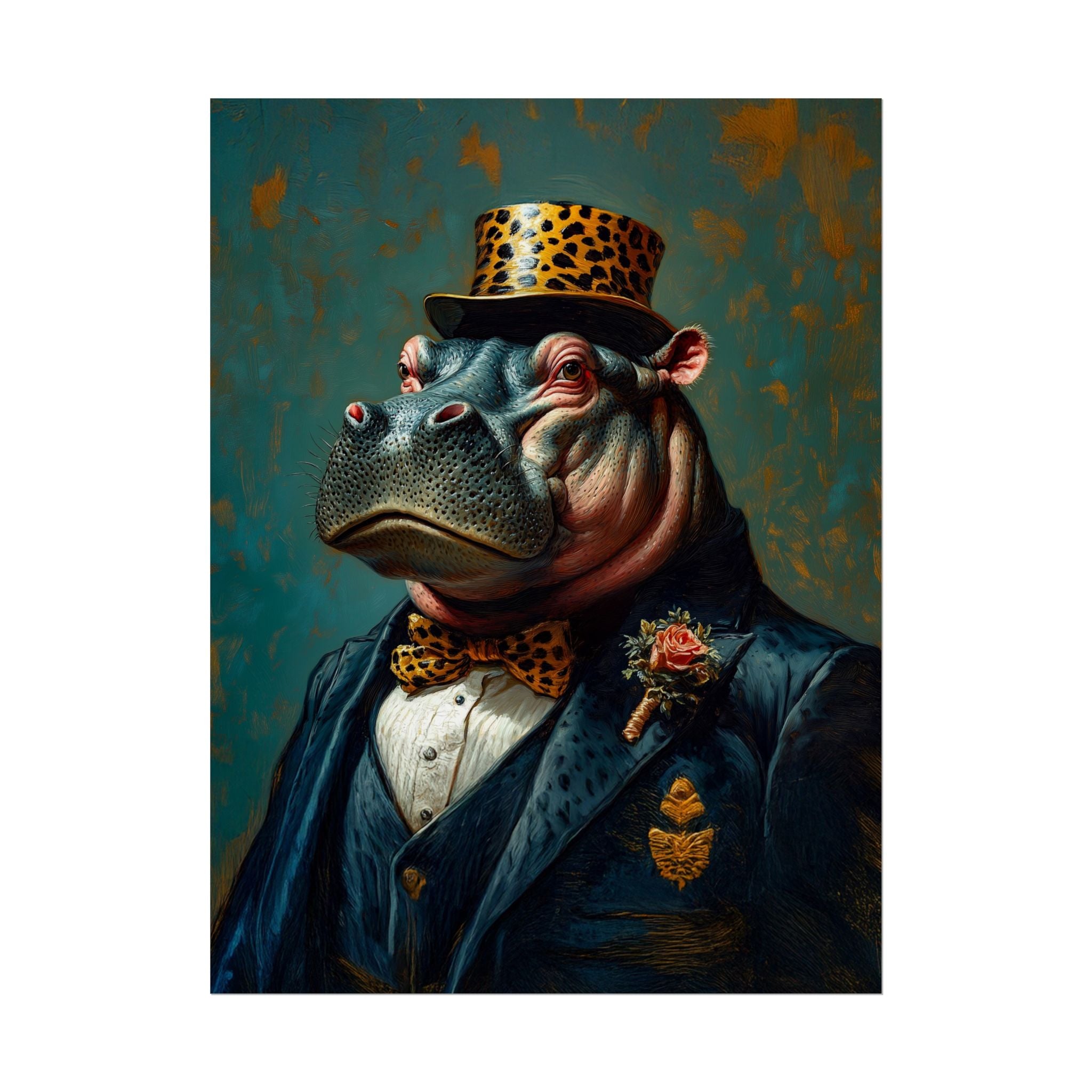 Hippopotamus dressed in formal attire with a leopard print hat and bow tie, against a textured blue background.
