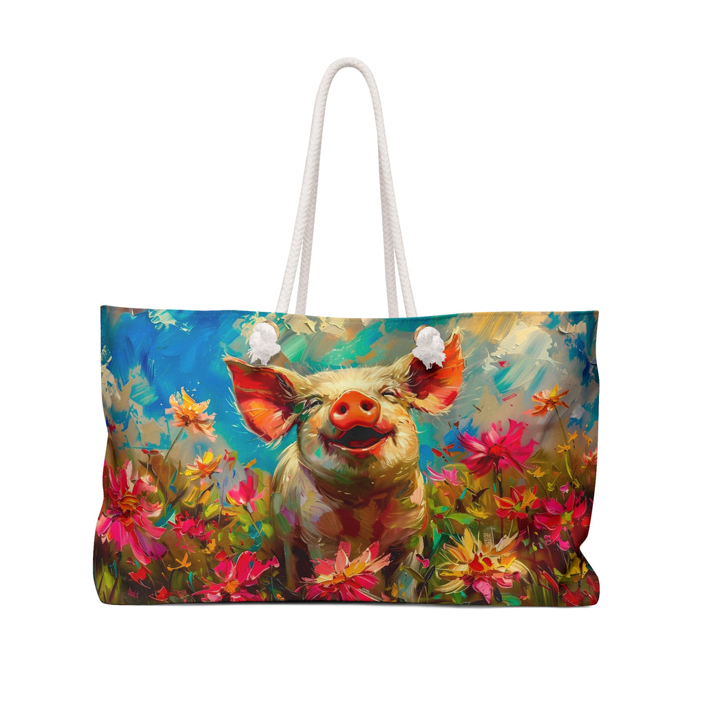 A colorful tote bag featuring an artistic representation of a smiling pig surrounded by vibrant flowers.