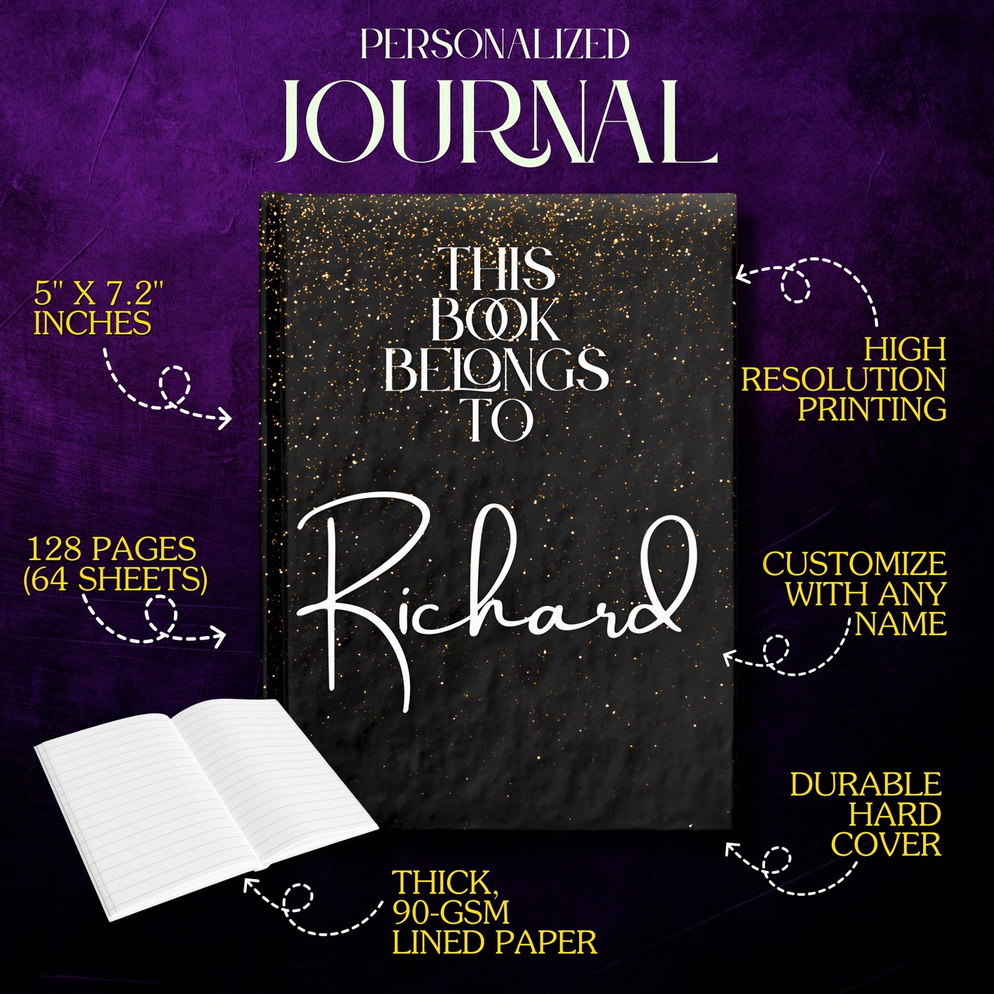 Custom Name Hardcover Journal – Black Sparkle Personalized Notebook