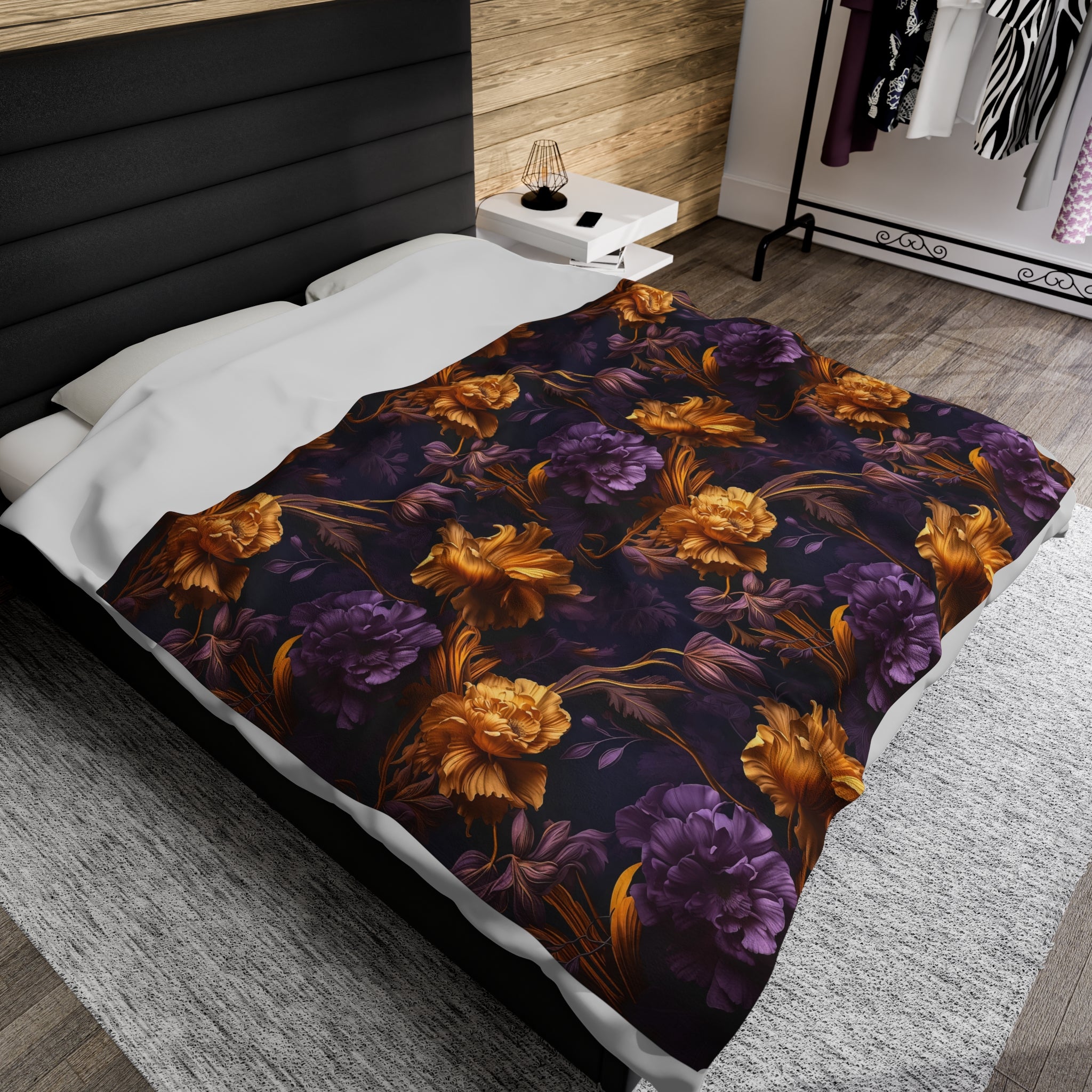Dark & Moody Floral Velveteen Plush Blanket – Cozy Elegance for Fireside or Décor