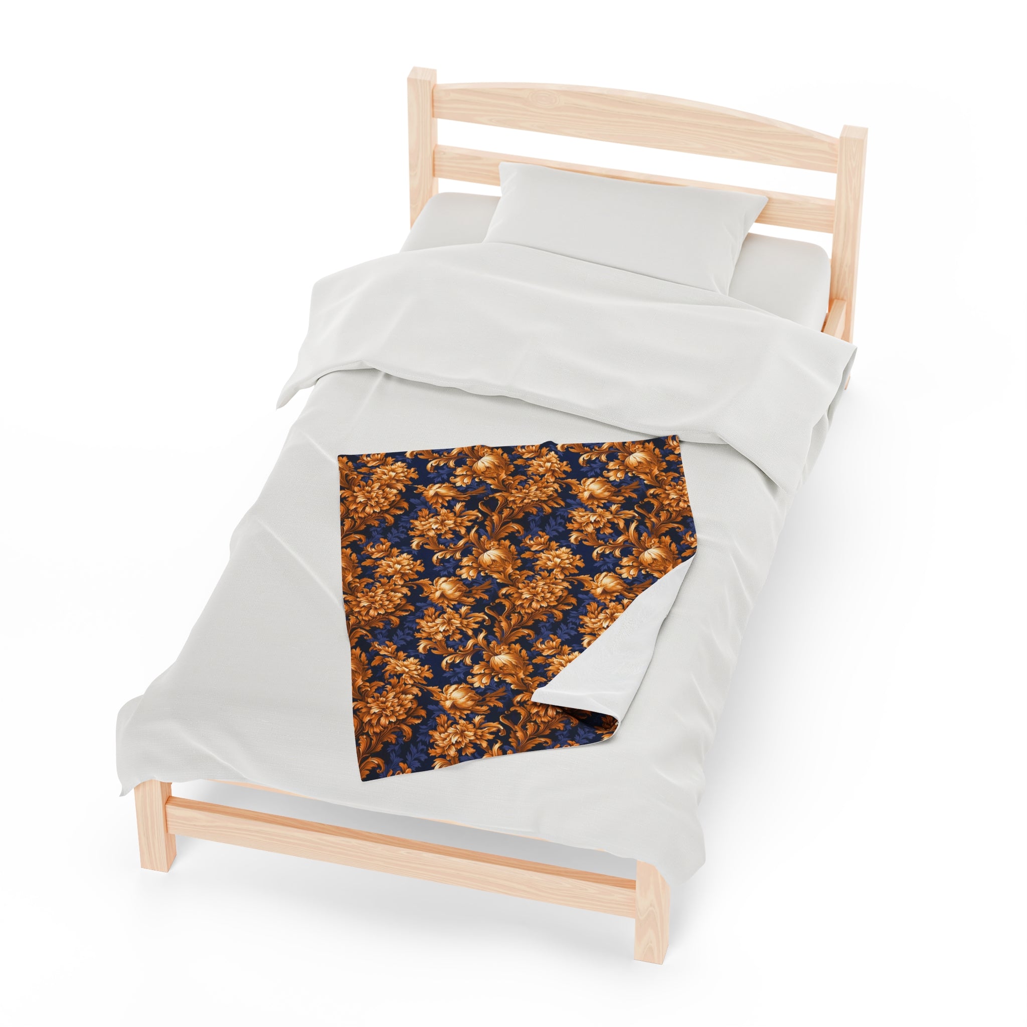 Velveteen Plush Blanket | Gold & Navy Flowers | Baroque Floral Throw Blanket