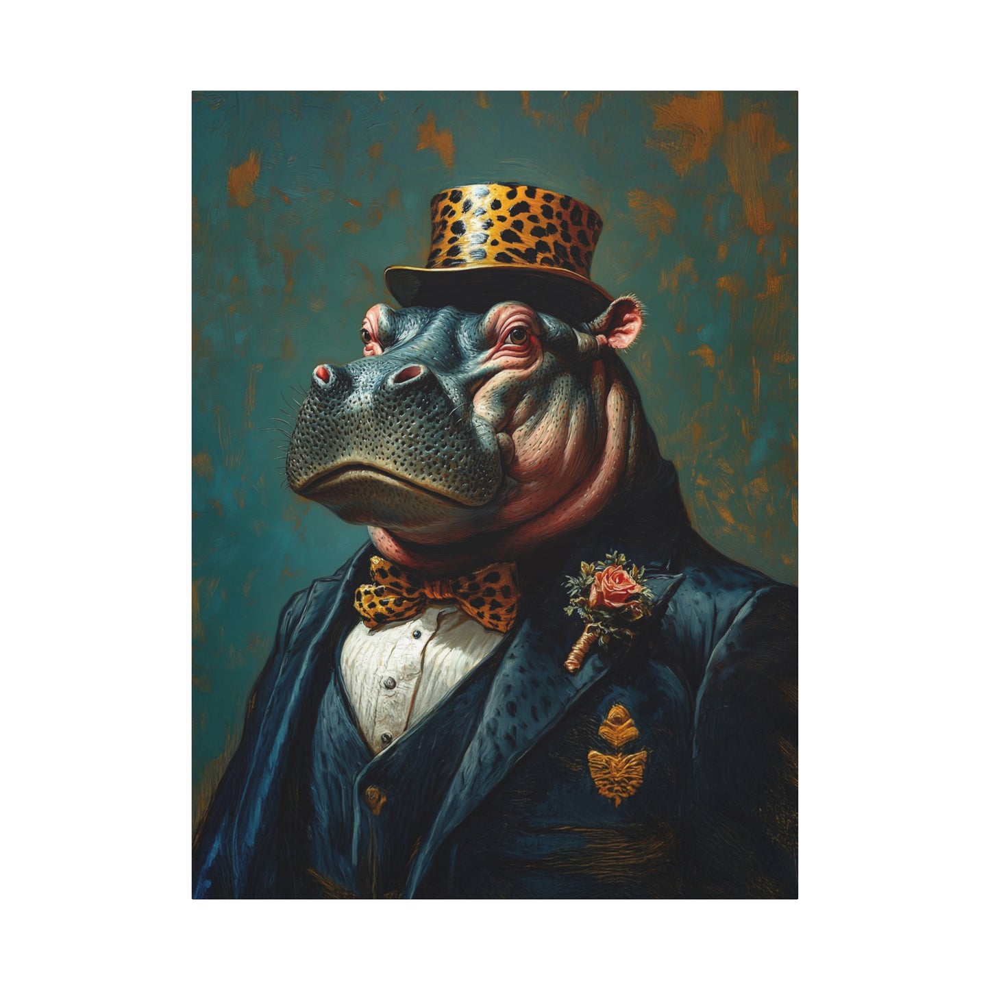 Dapper Hippo Canvas Art Print | Giclée Portrait of Hippo in Bow Tie & Top Hat | Whimsical Decor