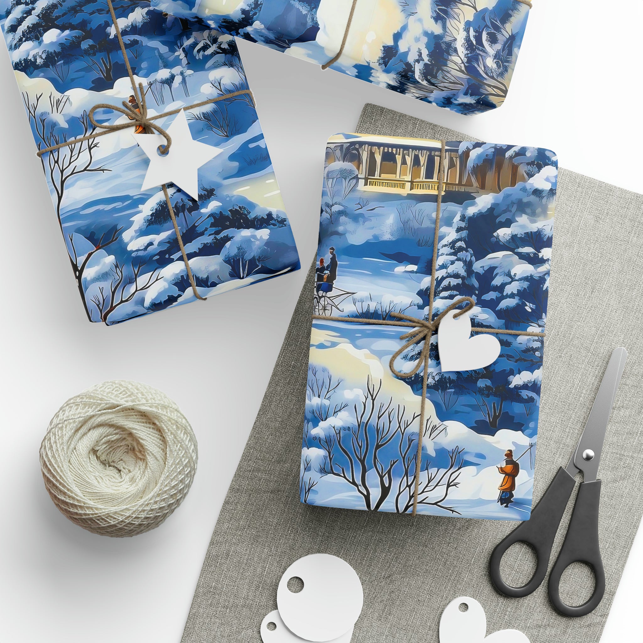 Blue Christmas Snowy Winter Village Wrapping Paper