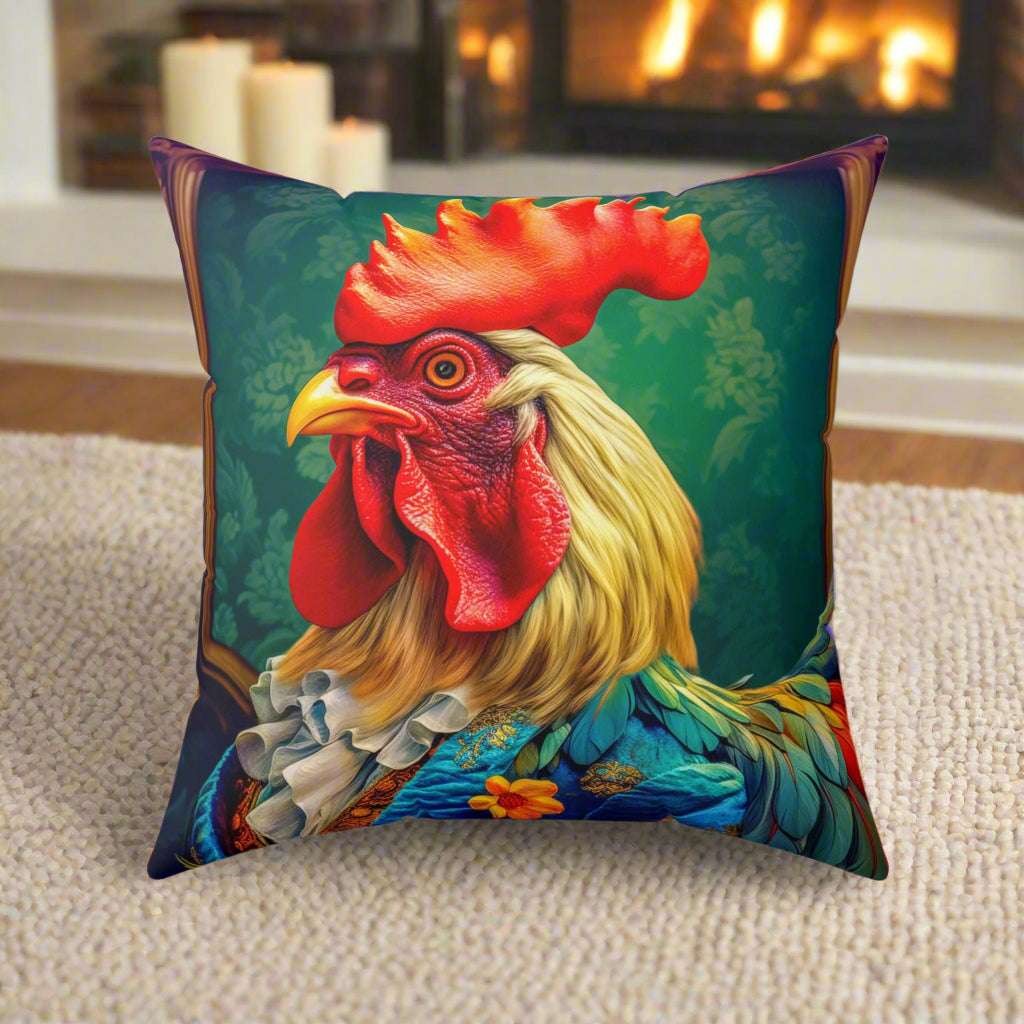 Faux Suede Square Pillow | Colorful Renaissance Rooster Throw Pillow