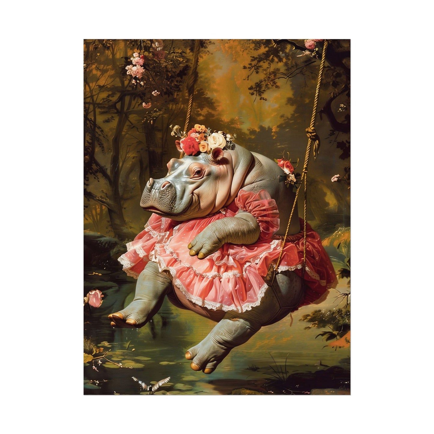 Lady Hippo on Swing | Rococo Style Fine Art Print (Rolled)