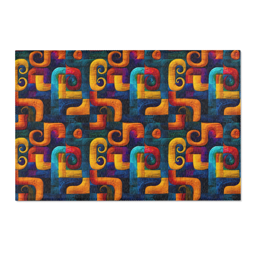Colorful geometric patterned rug on a white background