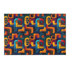 Colorful geometric patterned rug on a white background