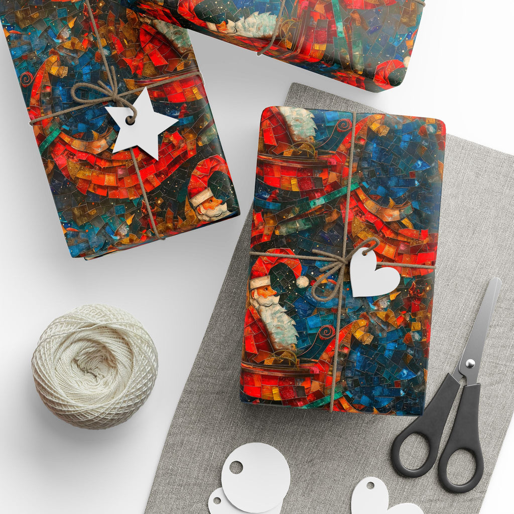Mosaic Santa Claus and Sleigh Vintage Christmas Wrapping Paper – Classic Holiday Gift Wrap Rolls