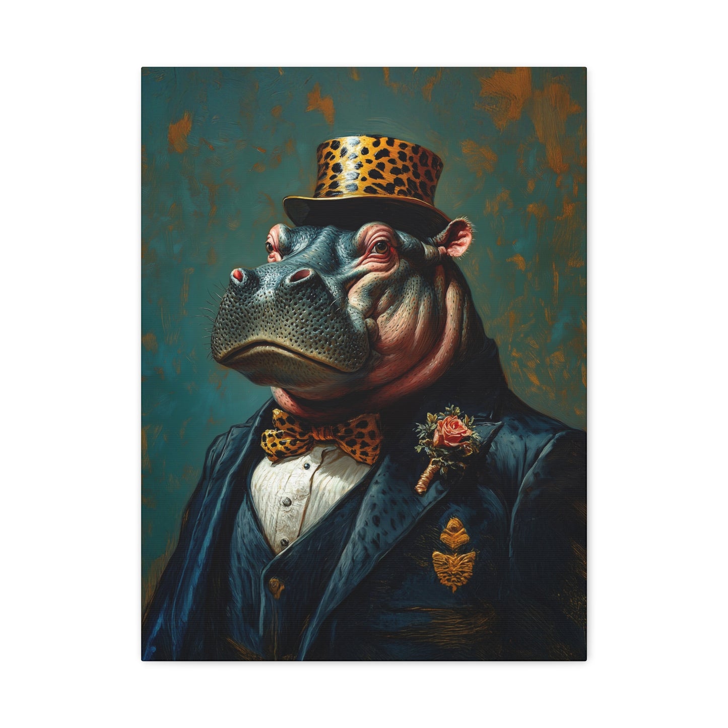 Dapper Hippo Canvas Art Print | Giclée Portrait of Hippo in Bow Tie & Top Hat | Whimsical Decor