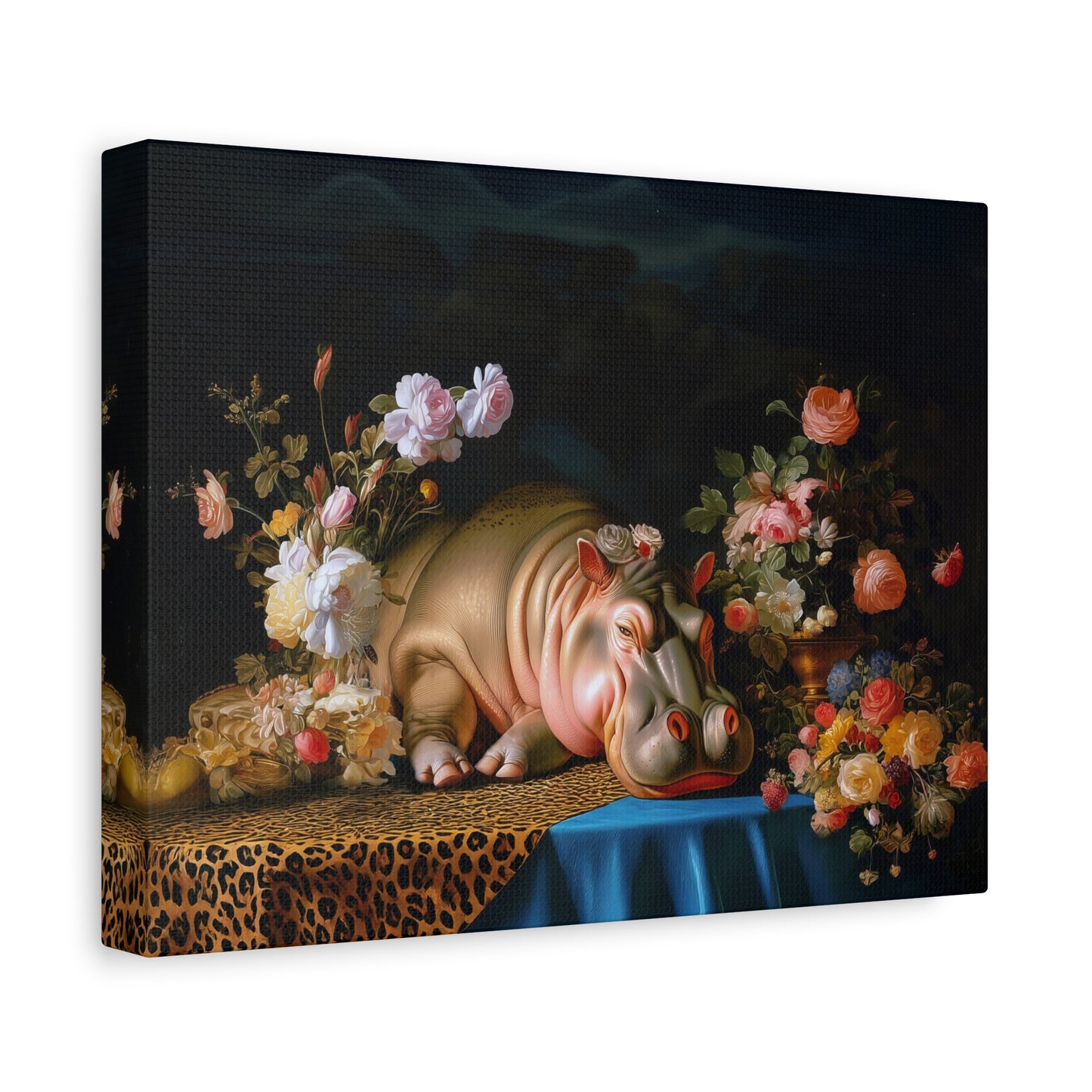Whimsical Hippo Canvas Art, Tranquil Home Decor Fine Art Print, Animal Wall Art, Unique Gift, Floral Decor, Cheetah Print