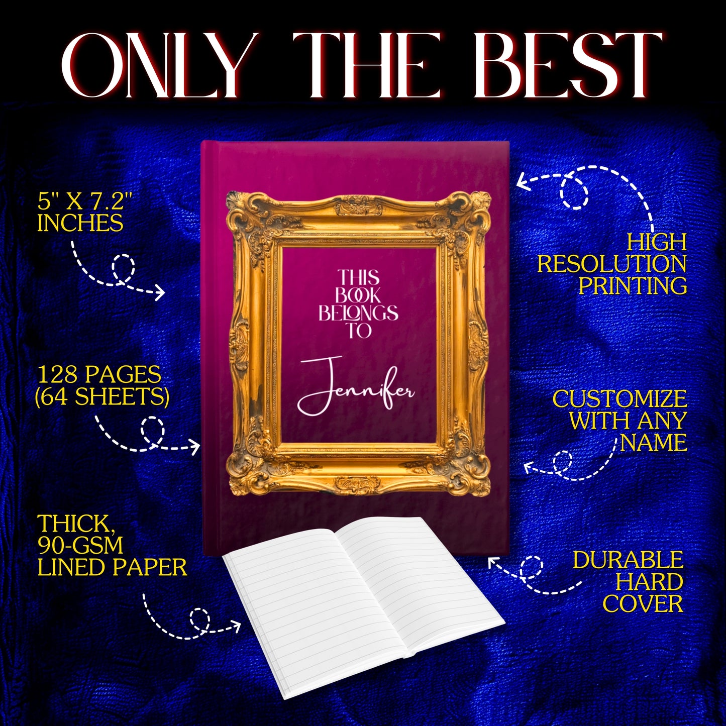 Custom Name Hardcover Journal-Pink & Gold Frame Luxury Personalized Notebook