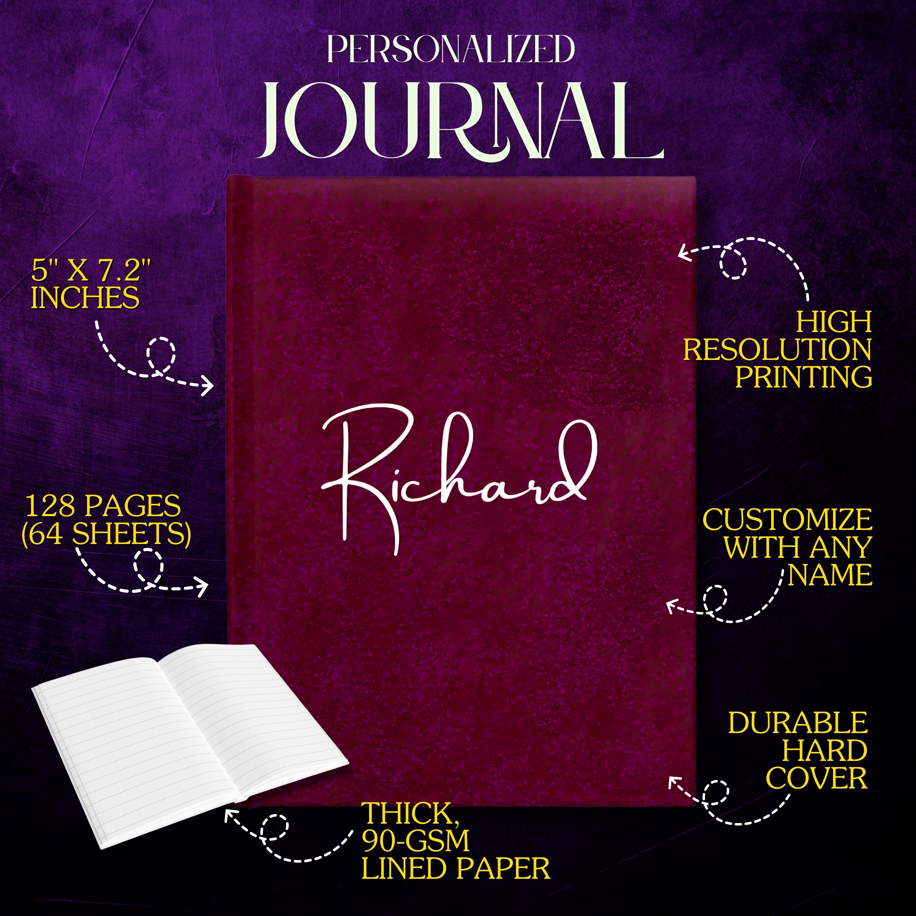 Minimalist Custom Name Hardcover Journal – Luxurious Red