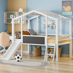 Loft Bed Twin Size White, Ladder and Slide, House Bed With Blackboard