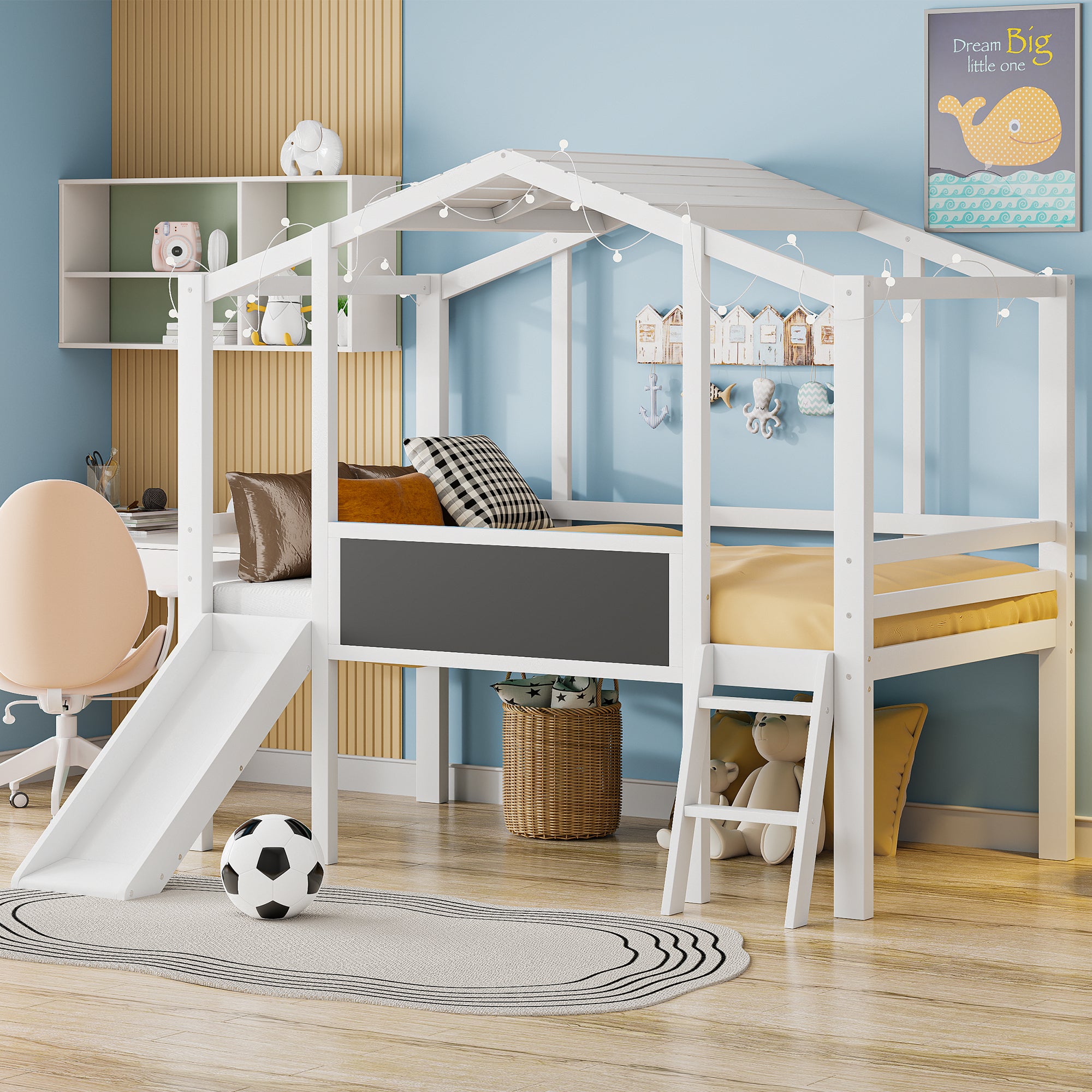 Loft Bed Twin Size White, Ladder and Slide, House Bed With Blackboard