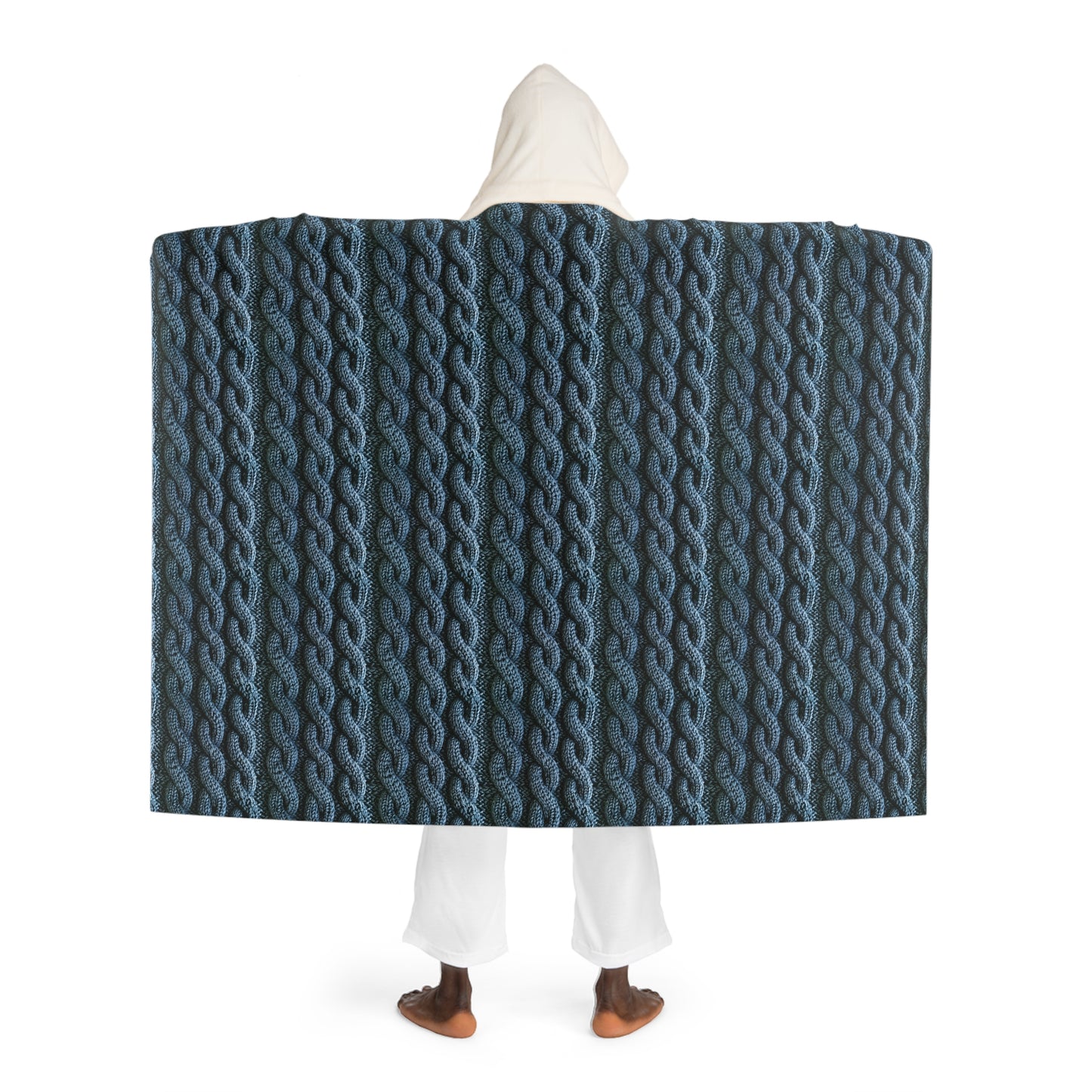 Faux Cable Knit Hooded Sherpa Blanket - Blue