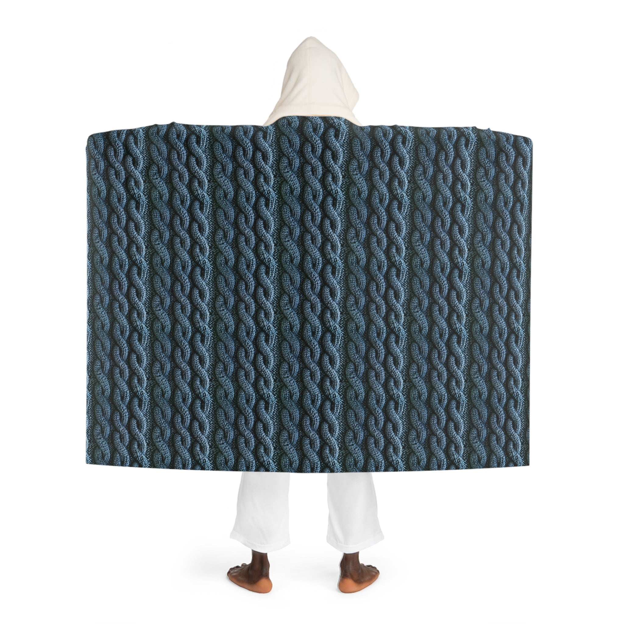 Faux Cable Knit Hooded Sherpa Blanket - Blue