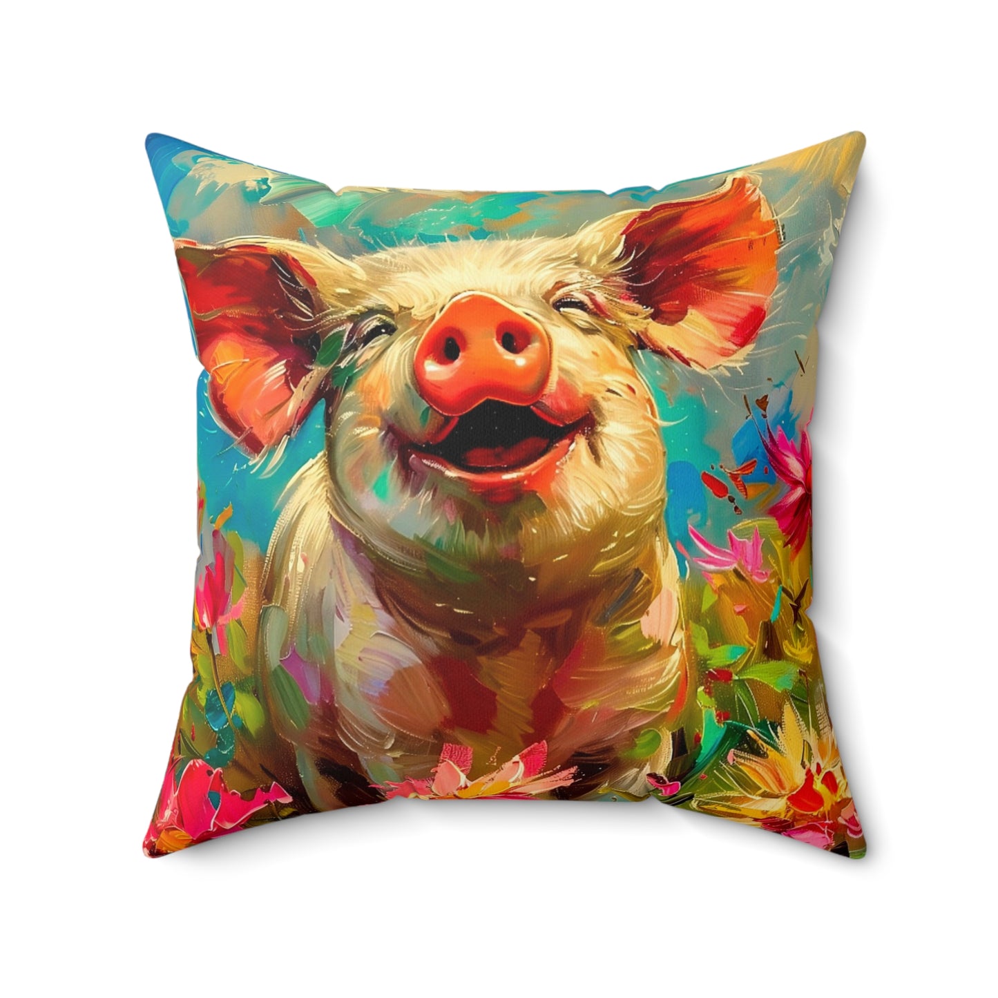 Faux Suede Square Pillow: Pig Art in Spring Flowers-Pig