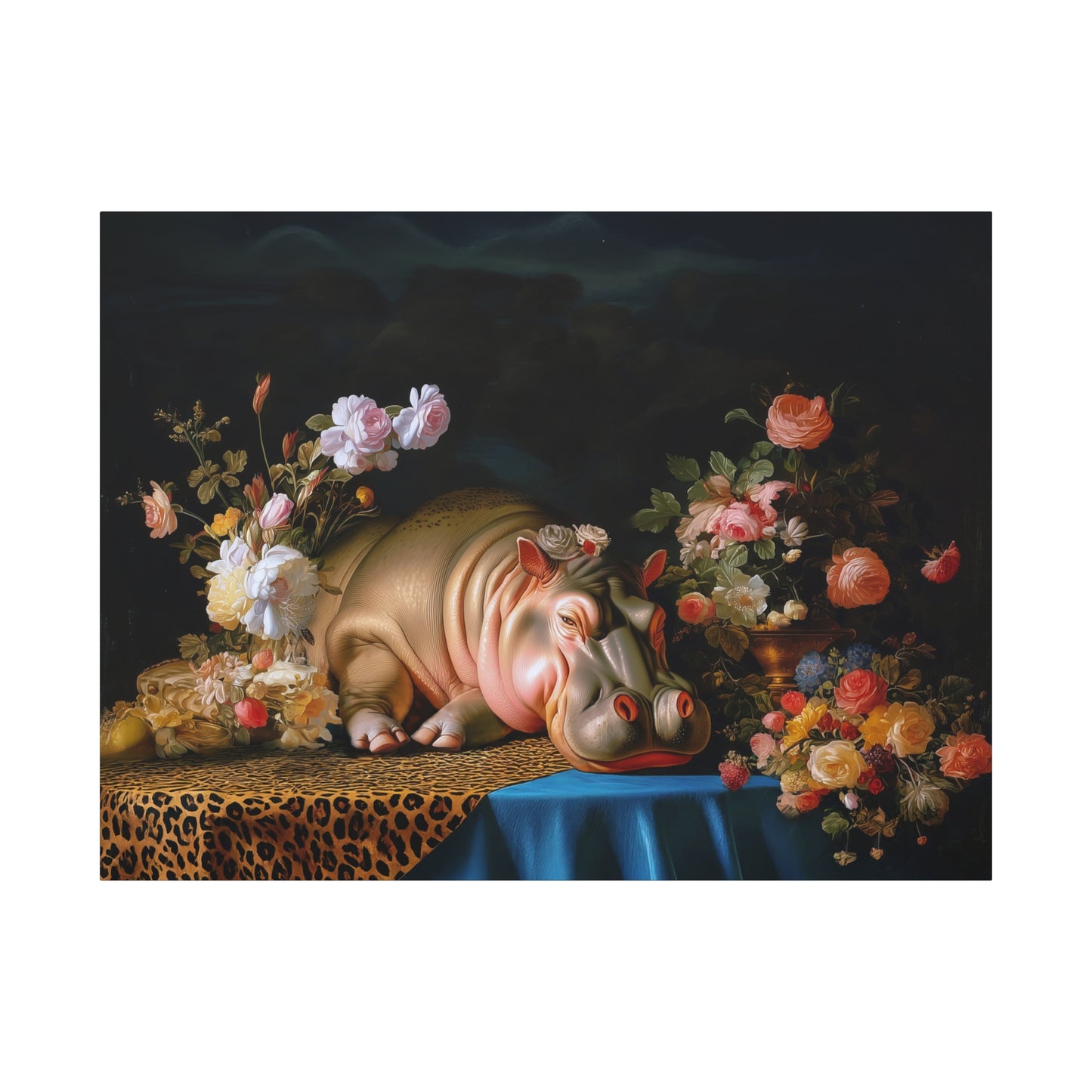 Whimsical Hippo Canvas Art, Tranquil Home Decor Fine Art Print, Animal Wall Art, Unique Gift, Floral Decor, Cheetah Print