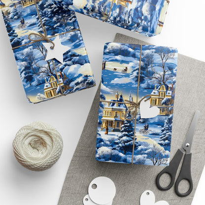 Victorian Winter Wonderland Wrapping Paper – Stunning Blue and Gold with Glowing Victorian Home