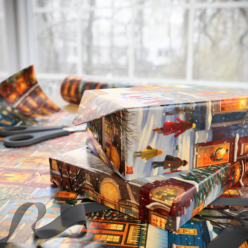 Snowy Winter Town Wrapping Paper Rolls | Nostalgic Vintage Christmas Gift Wrap
