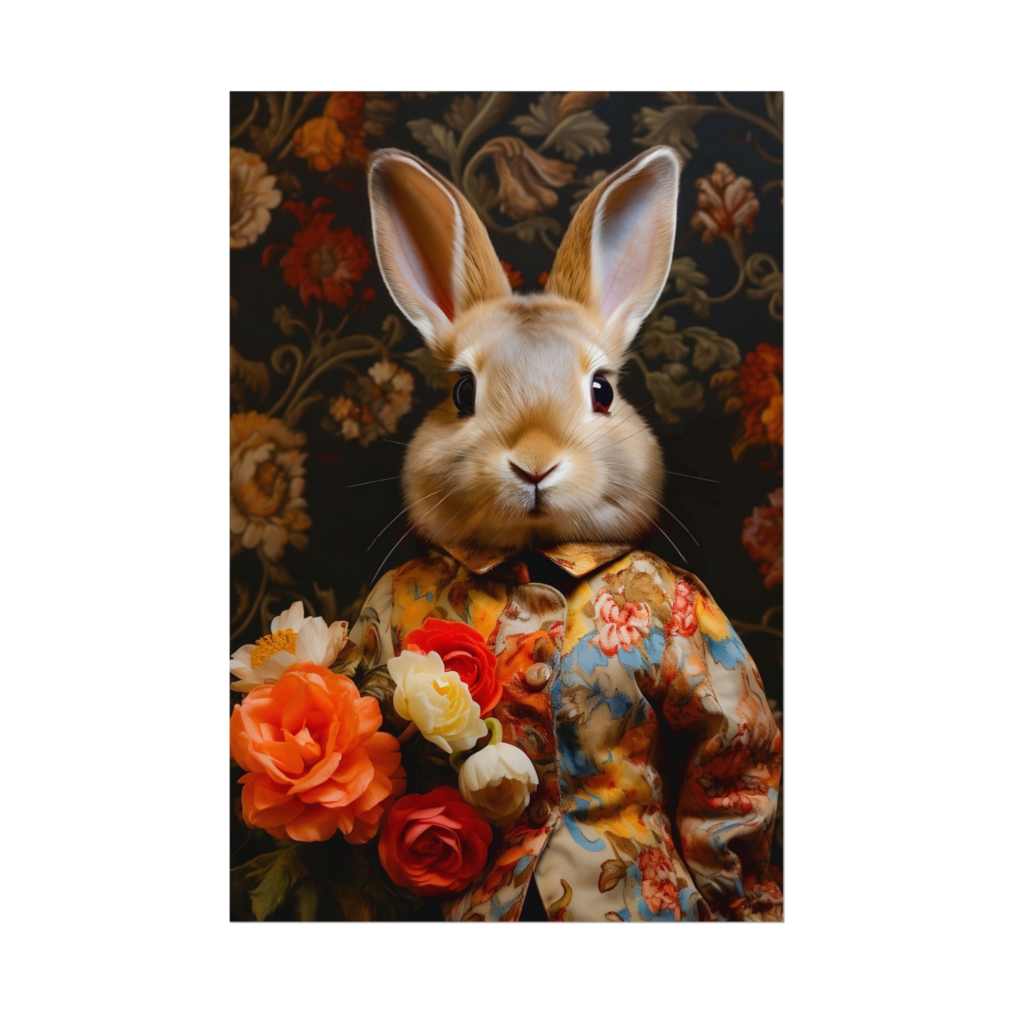 Victorian Bunny Portrait Floral Holding Flowers Art Print