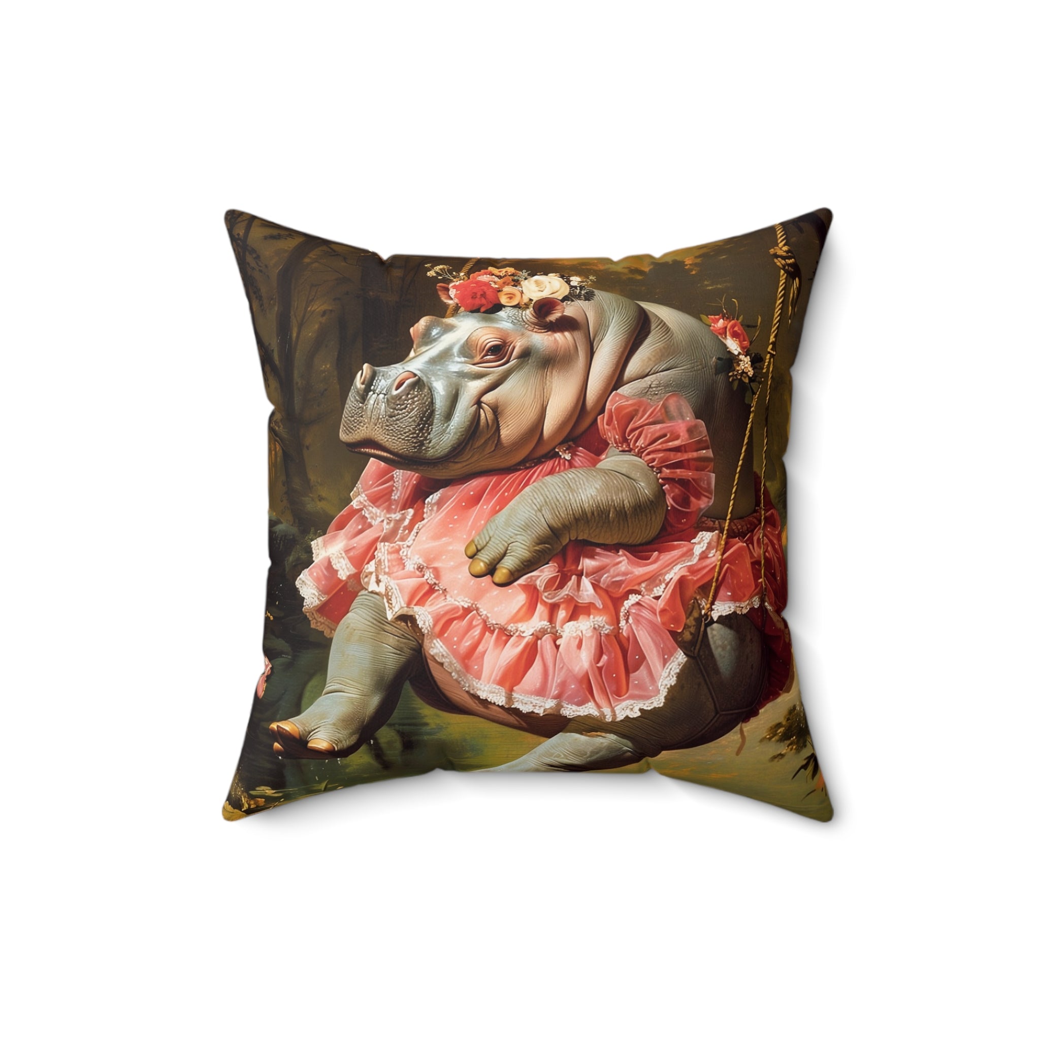 A square-shaped throw pillow featuring a renaissance-style illustration of a hippo wearing a dress on a swing.