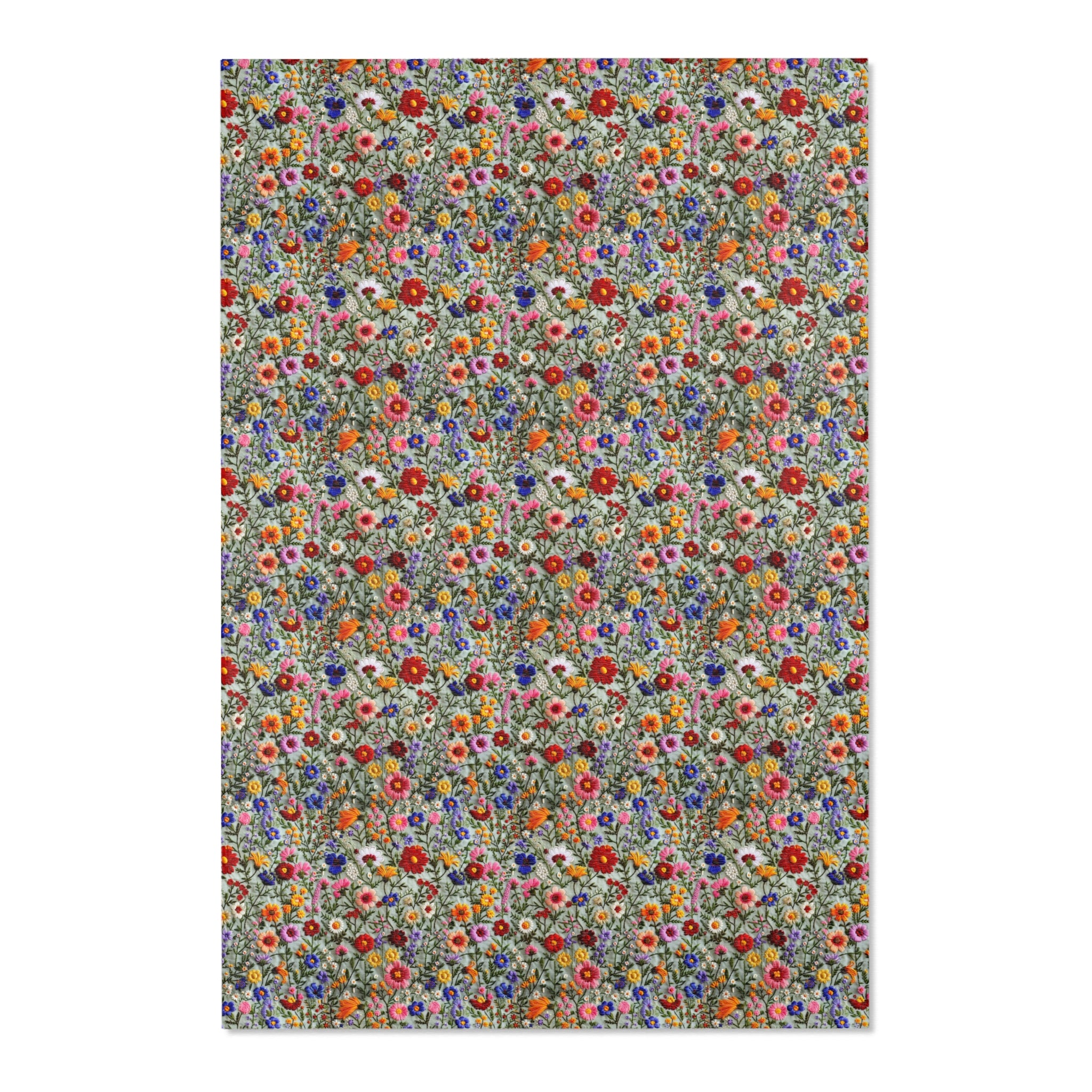 Faux Embroidered Flowers on Linen Area Rugs