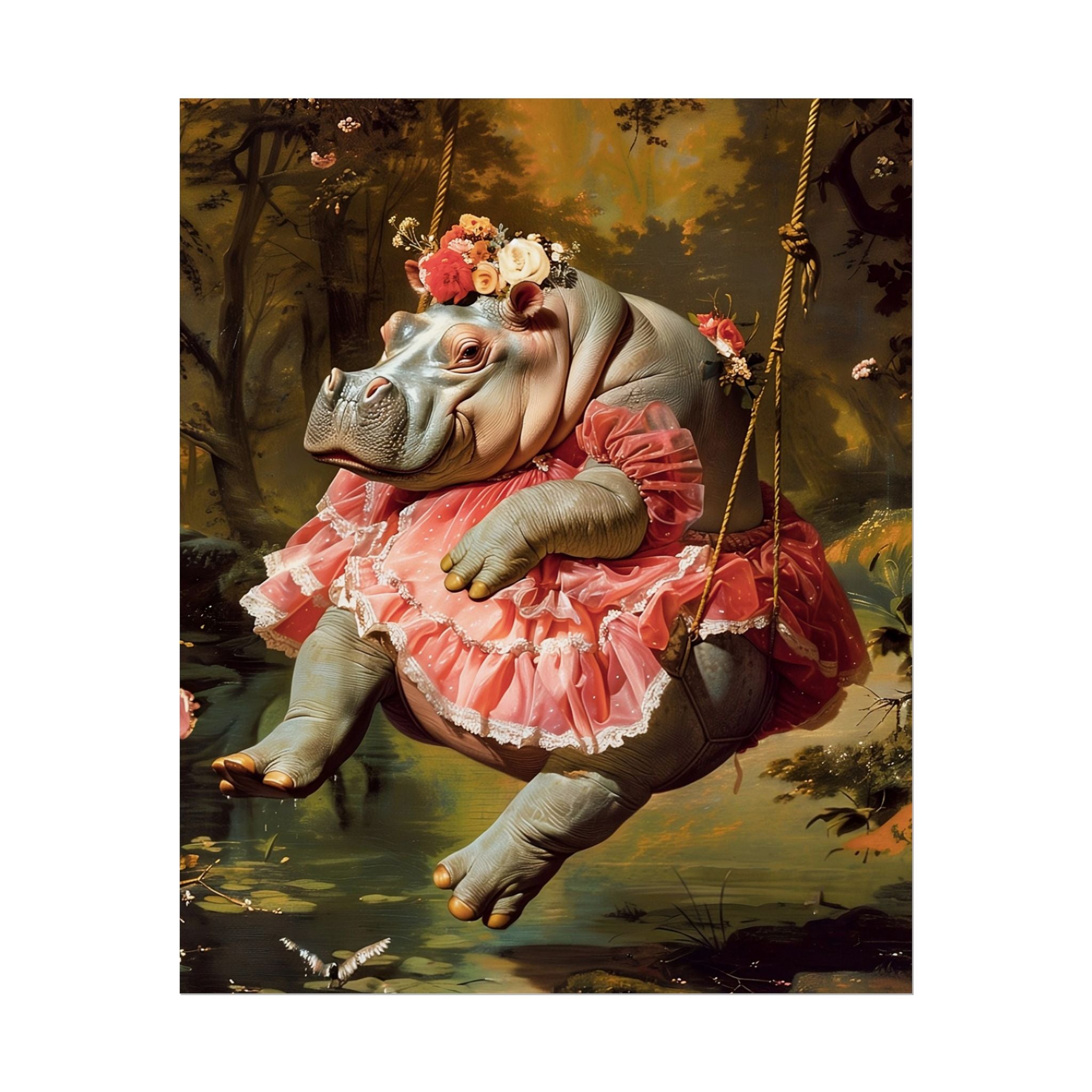 Lady Hippo on Swing | Rococo Style Fine Art Print (Rolled)