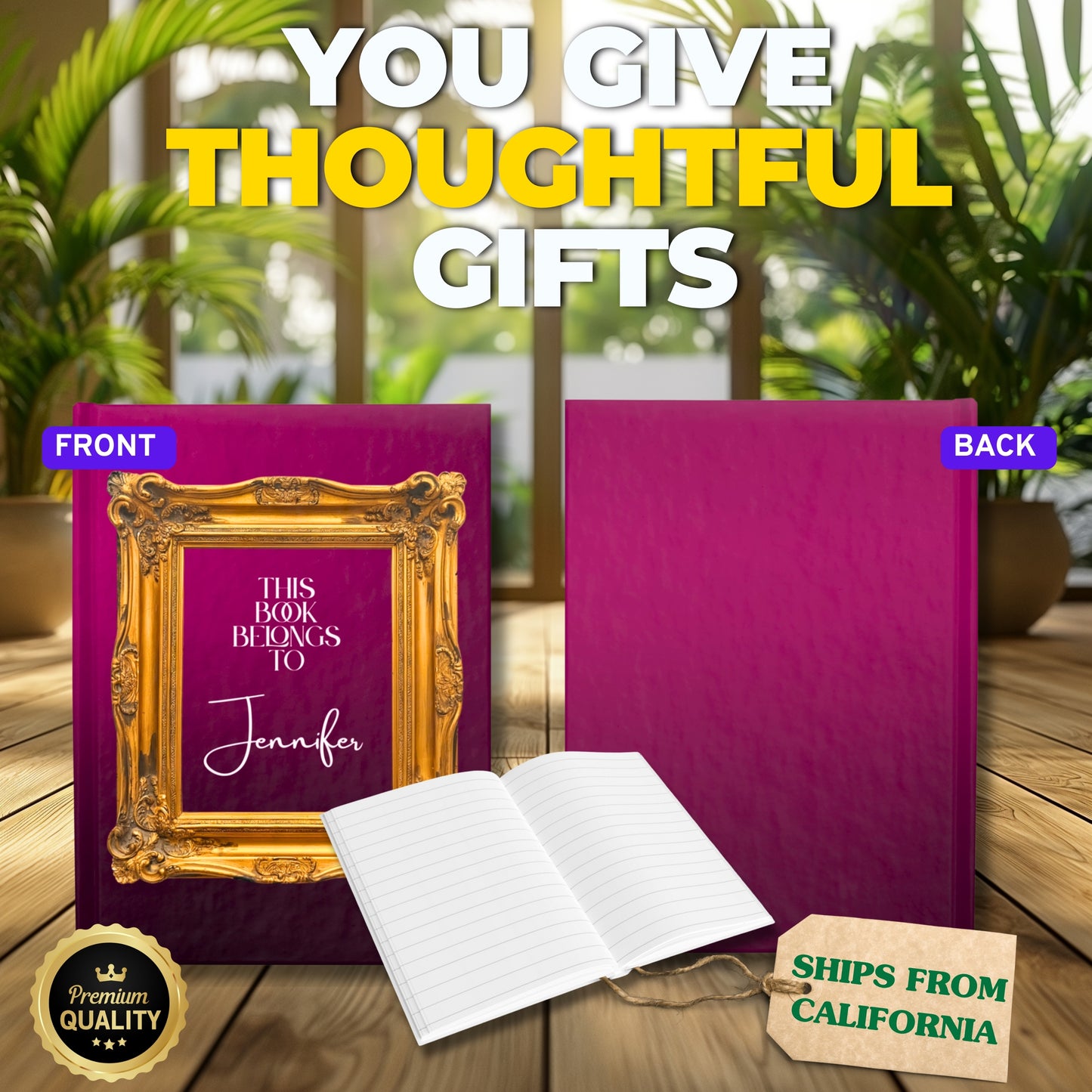 Custom Name Hardcover Journal-Pink & Gold Frame Luxury Personalized Notebook