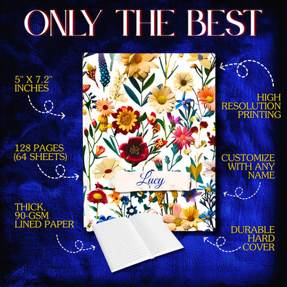 Custom Name Elegant Wildflowers Journal | Custom Floral Hardcover Notebook | Unique Gift for Her