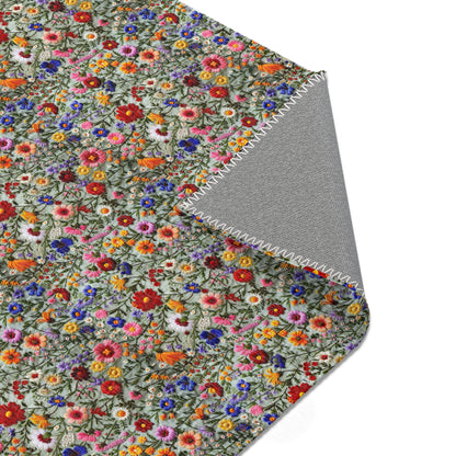 Faux Embroidered Flowers on Linen Area Rugs