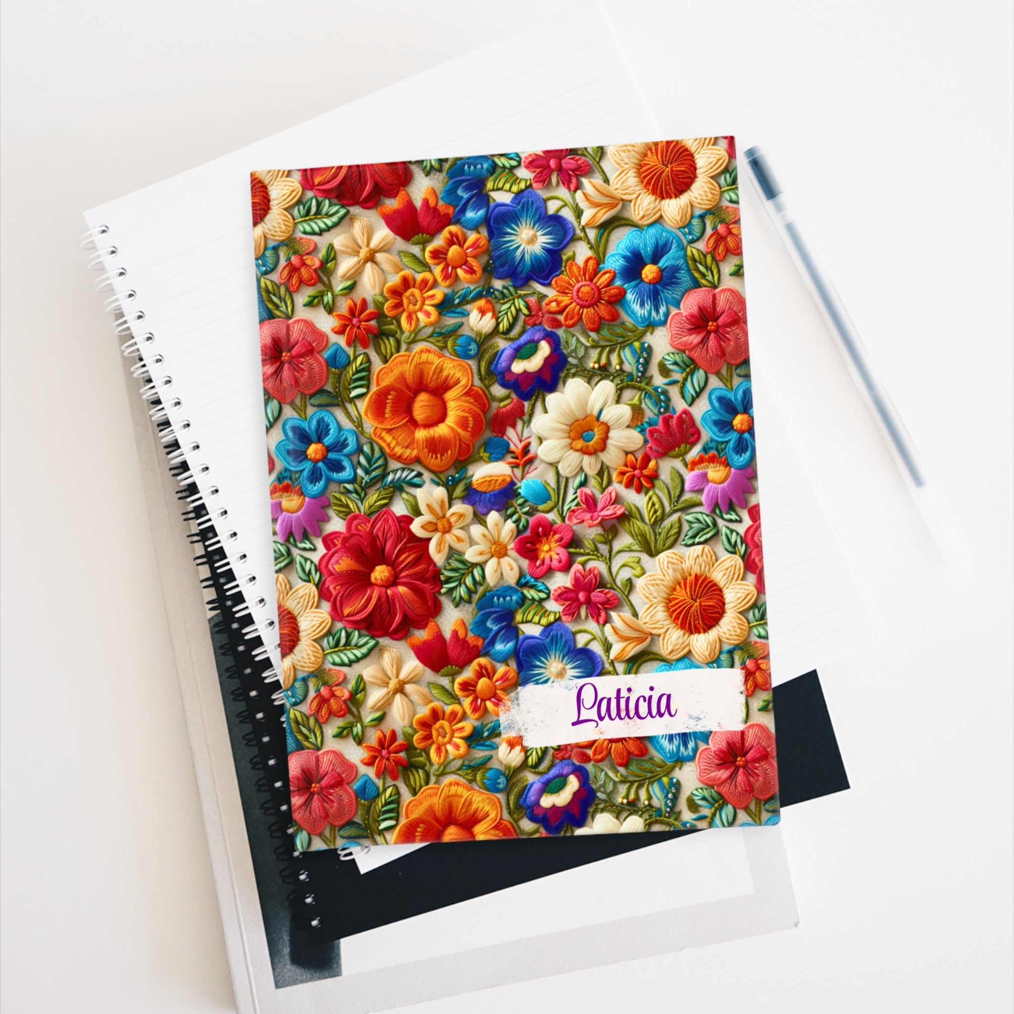 Personalized Floral Hardcover Journal: Custom Name Embroidery Pattern