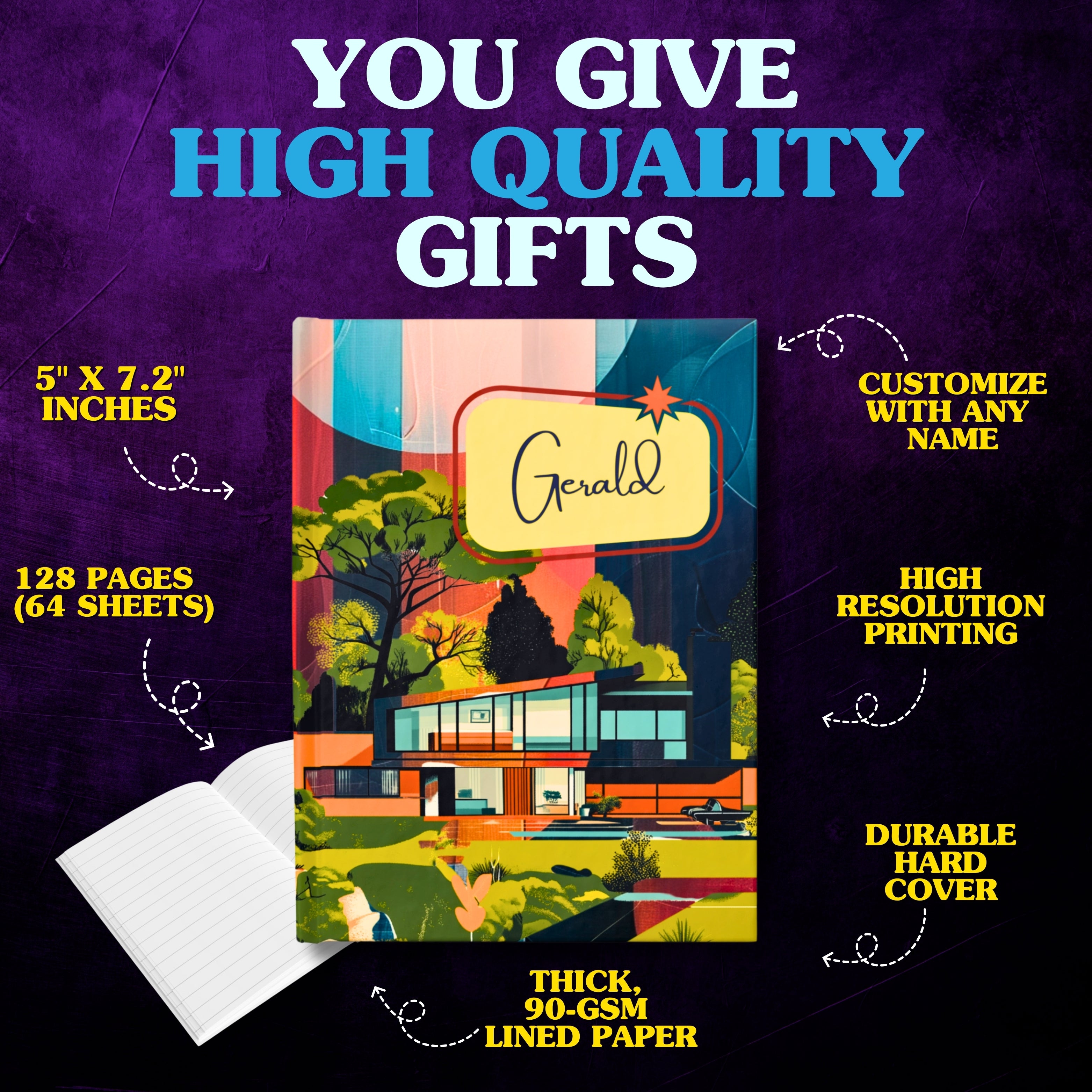 Custom Name Mid-Century Modern Hardcover Journal | Personalized Trendy 1960s Decor | Colorful Diary