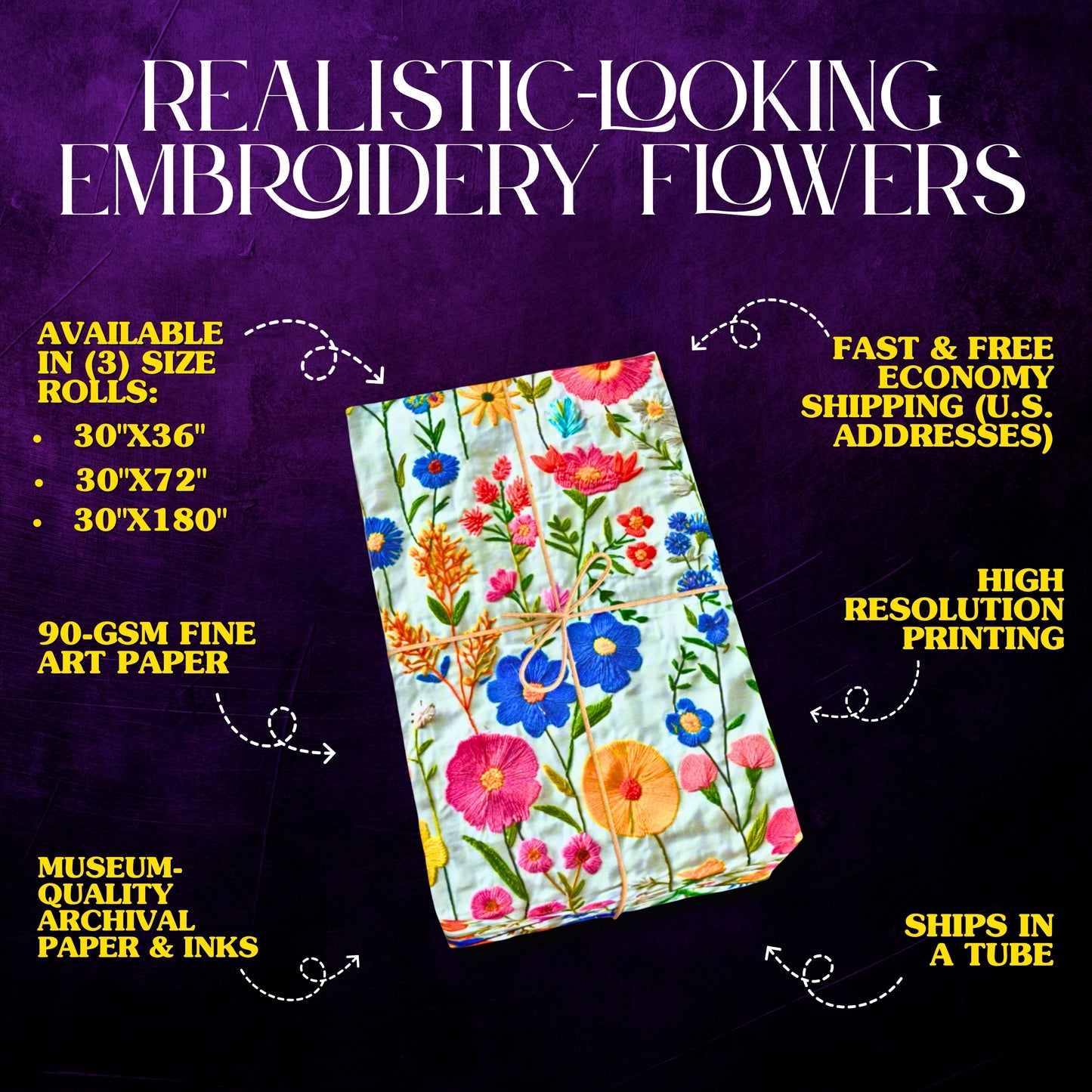 Faux Embroidered Wildflower Wrapping Paper | Cottagecore Gift Wrap for Weddings, Birthdays, and Special Occasions