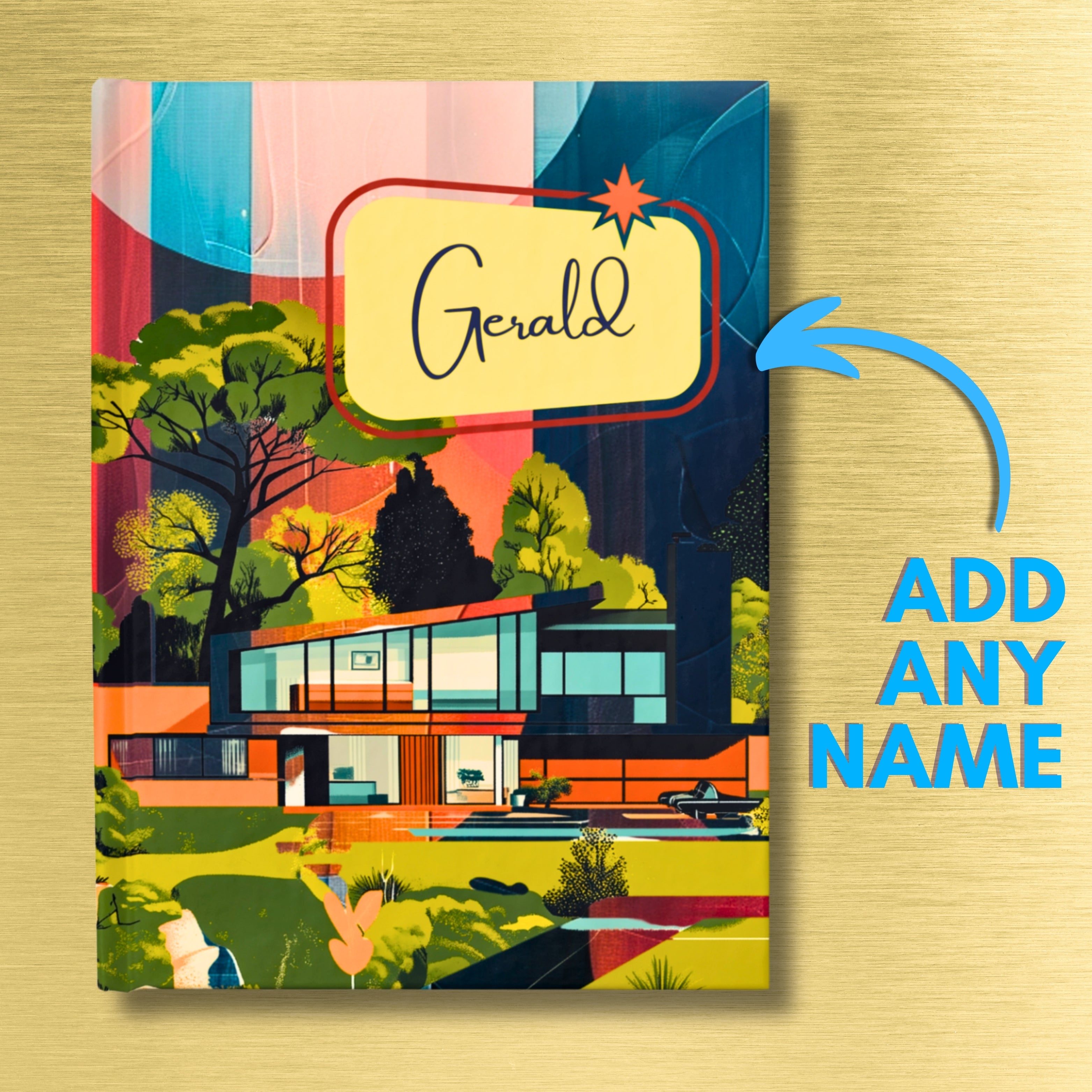 Custom Name Mid-Century Modern Hardcover Journal | Personalized Trendy 1960s Decor | Colorful Diary